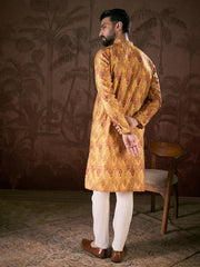 Men Mustard Silk Blend Ethnic Motifs Printed Straight Kurta With Trouser-MKSET1925