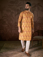 Men Mustard Silk Blend Ethnic Motifs Printed Straight Kurta With Trouser-MKSET1925