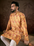 Men Mustard Silk Blend Ethnic Motifs Printed Straight Kurta With Trouser-MKSET1925