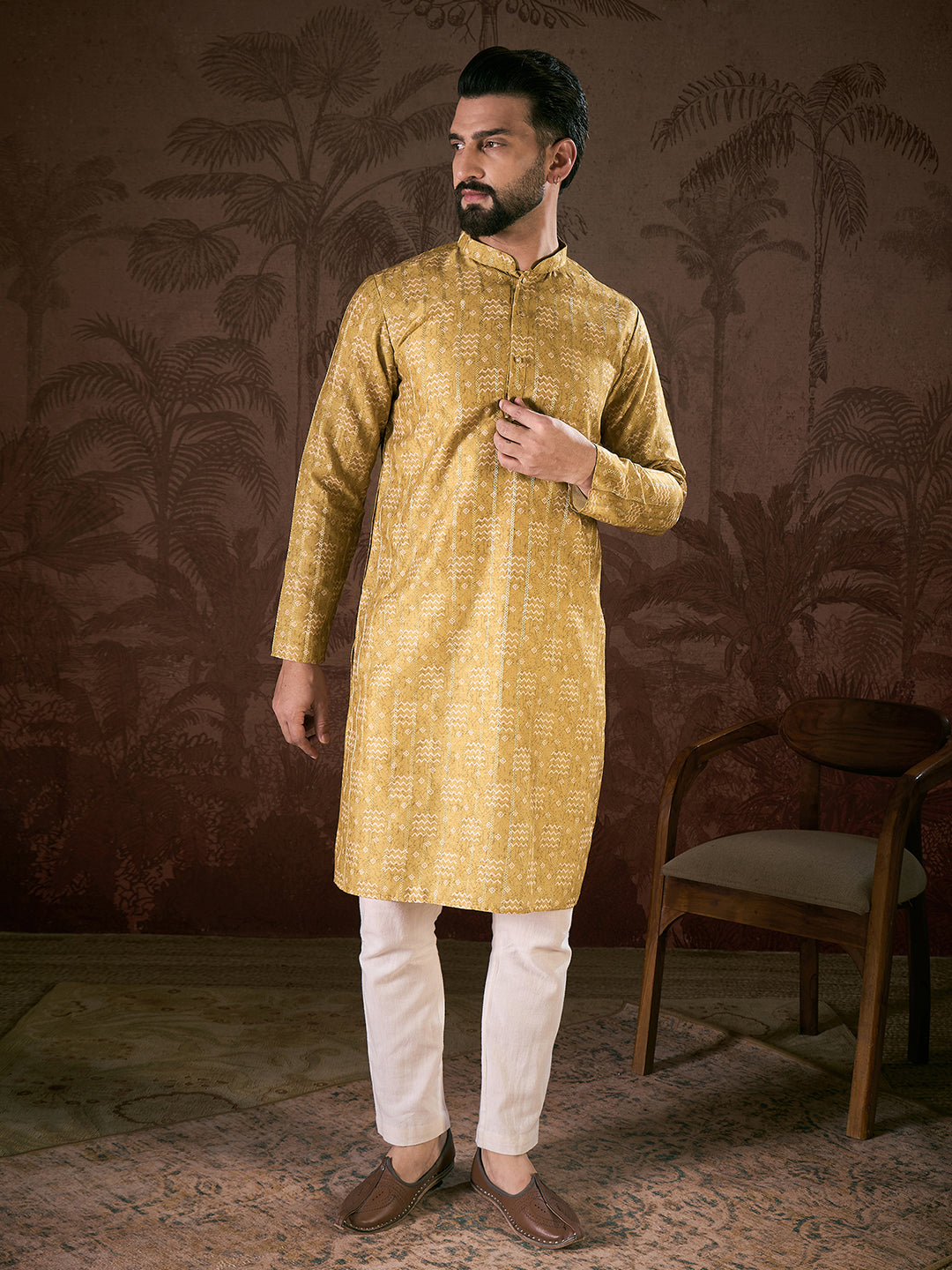 Men Mustard Silk Blend Ethnic Motifs Printed Straight Kurta With Trouser-MKSET1926