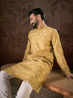 Men Mustard Silk Blend Ethnic Motifs Printed Straight Kurta With Trouser-MKSET1926