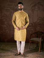 Men Mustard Silk Blend Ethnic Motifs Printed Straight Kurta With Trouser-MKSET1926