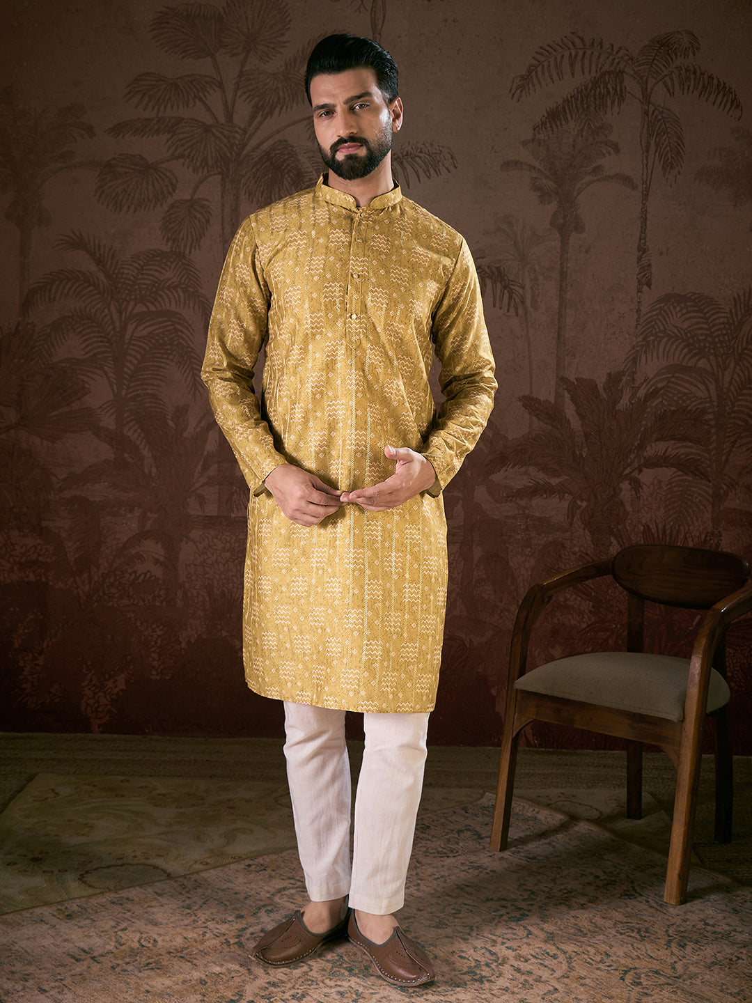 Men Mustard Silk Blend Ethnic Motifs Printed Straight Kurta With Trouser-MKSET1926