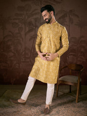 Men Mustard Silk Blend Ethnic Motifs Printed Straight Kurta With Trouser-MKSET1926