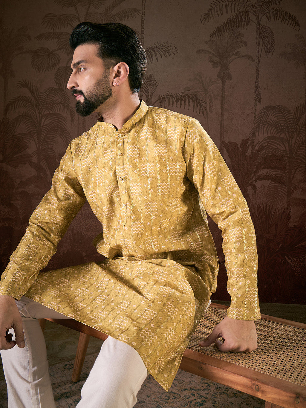 Men Mustard Silk Blend Ethnic Motifs Printed Straight Kurta With Trouser-MKSET1926
