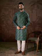 Men Sea Green Silk Blend Ethnic Motifs Printed Straight Kurta With Trouser-MKSET1927