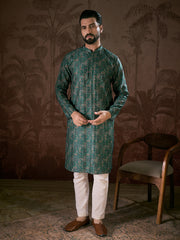 Men Sea Green Silk Blend Ethnic Motifs Printed Straight Kurta With Trouser-MKSET1927