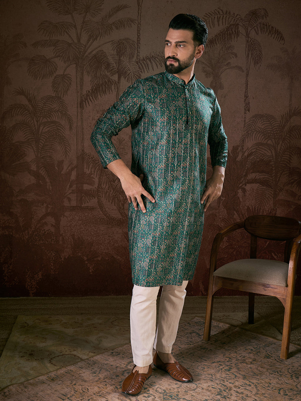 Men Sea Green Silk Blend Ethnic Motifs Printed Straight Kurta With Trouser-MKSET1927