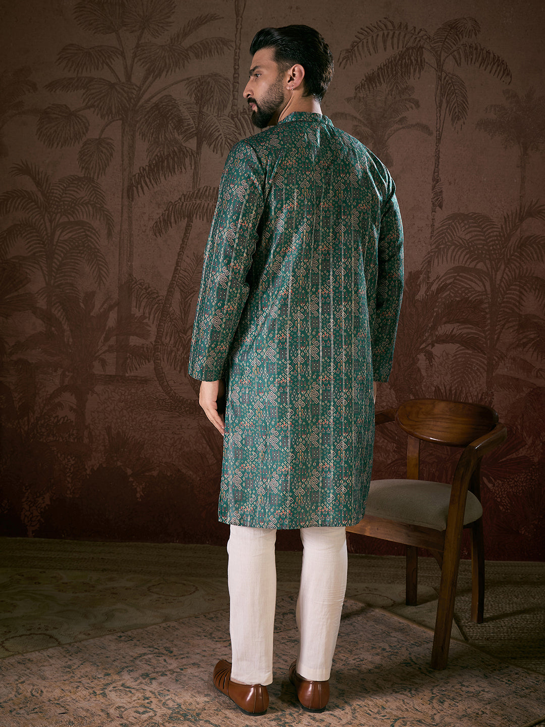 Men Sea Green Silk Blend Ethnic Motifs Printed Straight Kurta With Trouser-MKSET1927