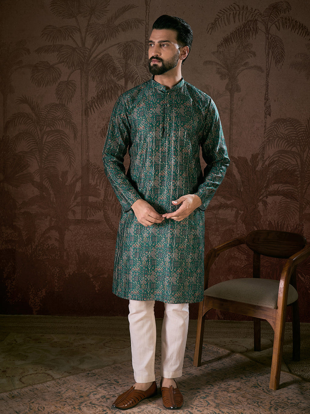 Men Sea Green Silk Blend Ethnic Motifs Printed Straight Kurta With Trouser-MKSET1927