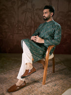 Men Sea Green Silk Blend Ethnic Motifs Printed Straight Kurta With Trouser-MKSET1927