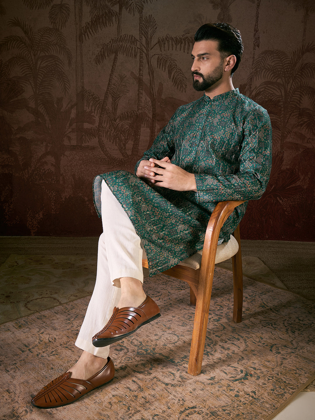 Men Sea Green Silk Blend Ethnic Motifs Printed Straight Kurta With Trouser-MKSET1927
