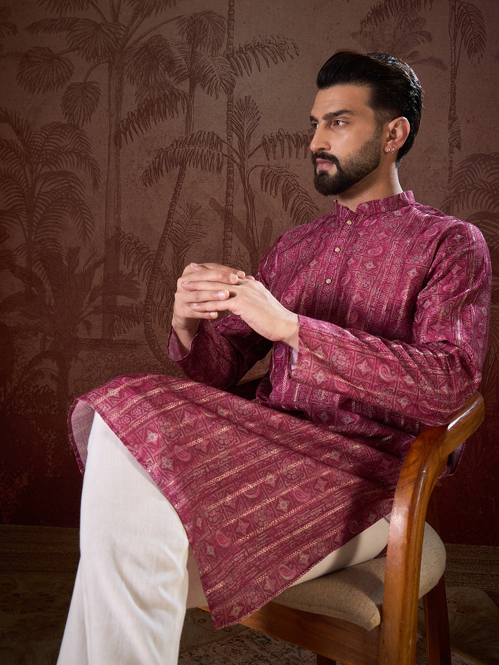 Men Maroon Silk Blend Ethnic Motifs Printed Straight Kurta With Trouser-MKSET1928