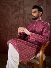 Men Maroon Silk Blend Ethnic Motifs Printed Straight Kurta With Trouser-MKSET1928