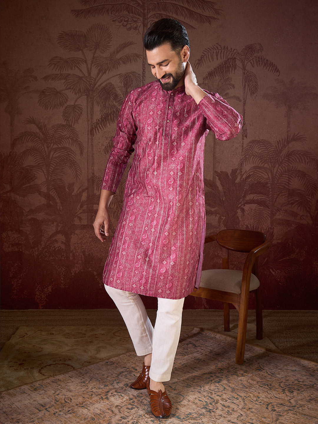 Men Maroon Silk Blend Ethnic Motifs Printed Straight Kurta With Trouser-MKSET1928