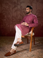 Men Maroon Silk Blend Ethnic Motifs Printed Straight Kurta With Trouser-MKSET1928