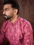Men Pink Silk Blend Ethnic Motifs Printed Straight Kurta With Trouser-MKSET1929