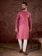 Men Pink Silk Blend Ethnic Motifs Printed Straight Kurta With Trouser-MKSET1929