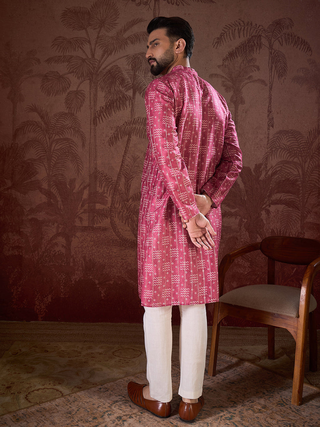 Men Pink Silk Blend Ethnic Motifs Printed Straight Kurta With Trouser-MKSET1929