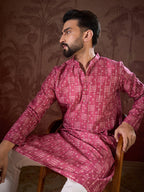 Men Pink Silk Blend Ethnic Motifs Printed Straight Kurta With Trouser-MKSET1929