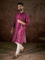 Men Purple Silk Blend Floral Printed Straight Kurta With Trouser-MKSET1930