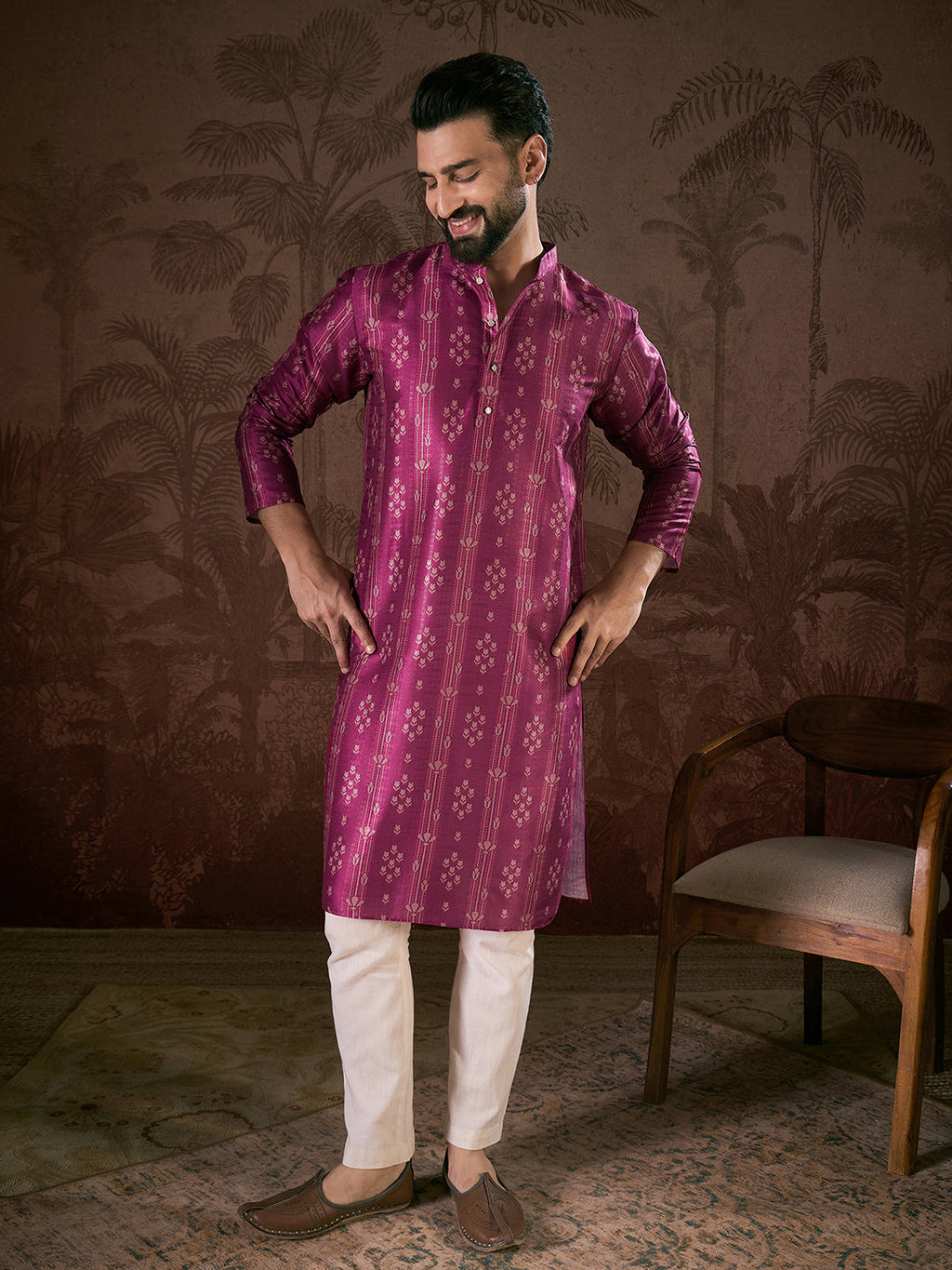Men Purple Silk Blend Floral Printed Straight Kurta With Trouser-MKSET1930