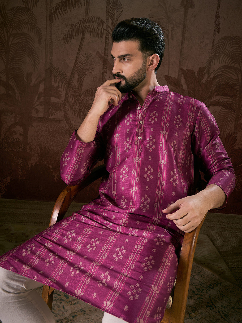 Men Purple Silk Blend Floral Printed Straight Kurta With Trouser-MKSET1930