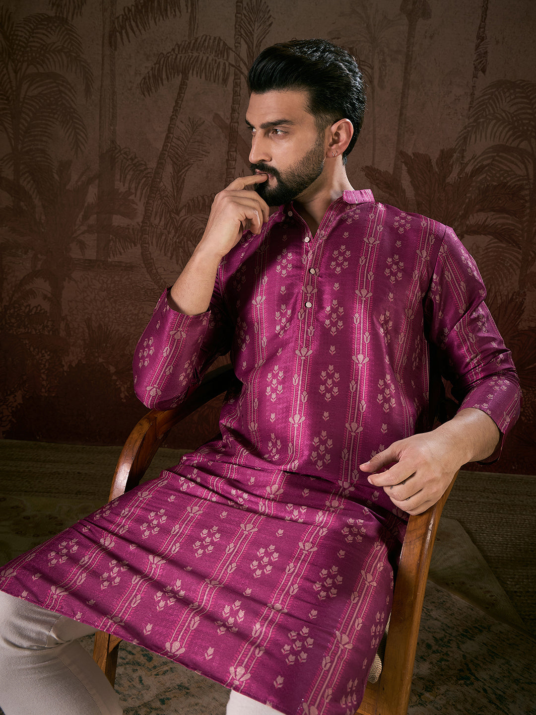 Men Purple Silk Blend Floral Printed Straight Kurta With Trouser-MKSET1930