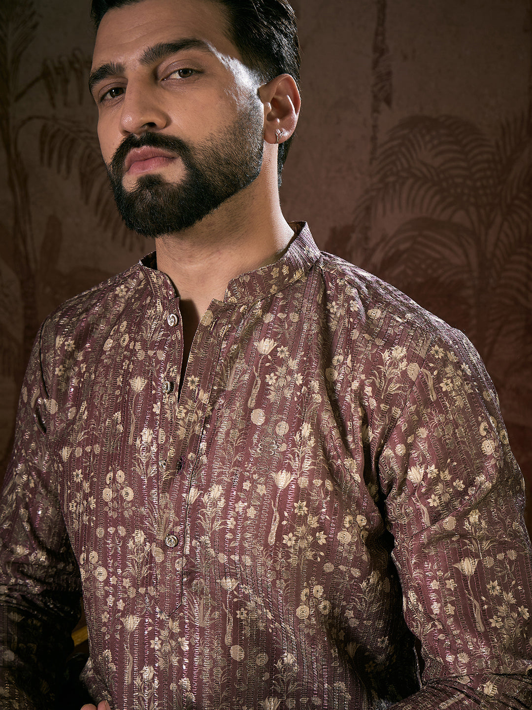 Men Mauve Silk Blend Floral Printed Straight Kurta With Trouser-MKSET1932