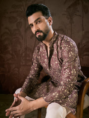 Men Mauve Silk Blend Floral Printed Straight Kurta With Trouser-MKSET1932