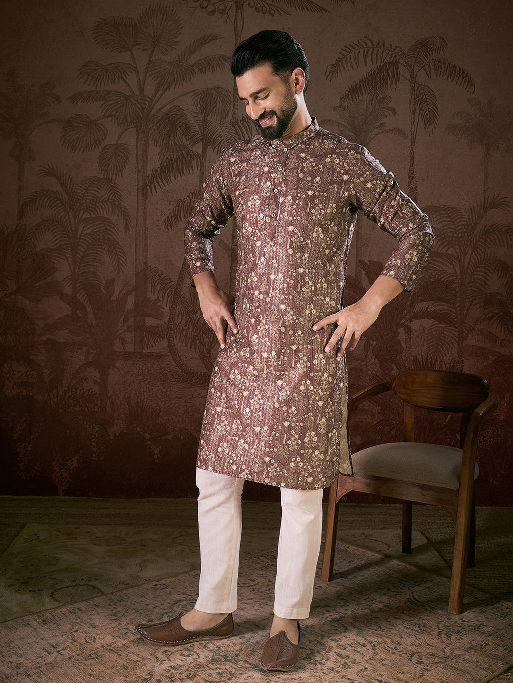 Men Mauve Silk Blend Floral Printed Straight Kurta With Trouser-MKSET1932