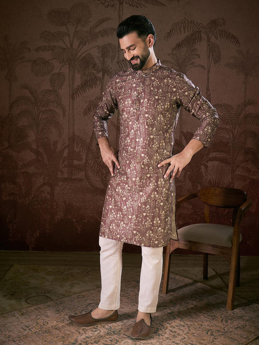 Men Mauve Silk Blend Floral Printed Straight Kurta With Trouser-MKSET1932