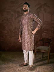Men Mauve Silk Blend Floral Printed Straight Kurta With Trouser-MKSET1932