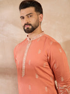 Men Peach Vartican Solid Embroidered Straight Kurta Sets-MKSET1935