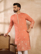 Men Peach Vartican Solid Embroidered Straight Kurta Sets-MKSET1935