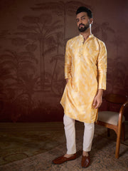 Men Yellow Silk Blend Floral Printed Straight Kurta With Trouser-MKSET1937