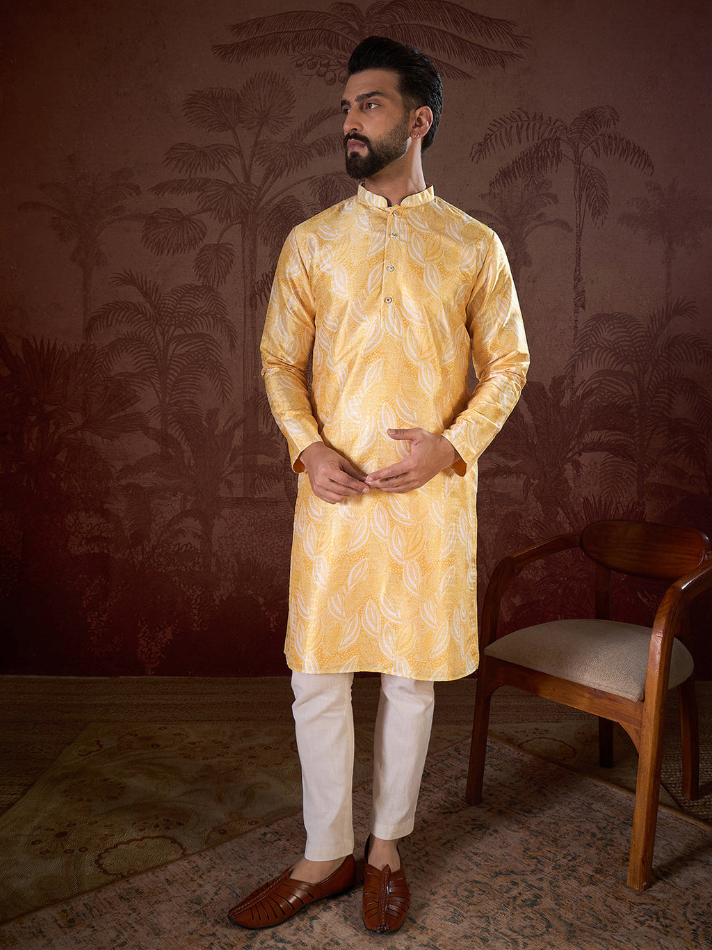 Men Yellow Silk Blend Floral Printed Straight Kurta With Trouser-MKSET1937