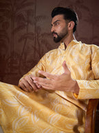Men Yellow Silk Blend Floral Printed Straight Kurta With Trouser-MKSET1937
