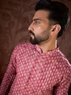 Men Pink Silk Blend Ethnic Motifs Printed Straight Kurta With Trouser-MKSET1938