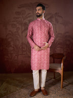 Men Pink Silk Blend Ethnic Motifs Printed Straight Kurta With Trouser-MKSET1938
