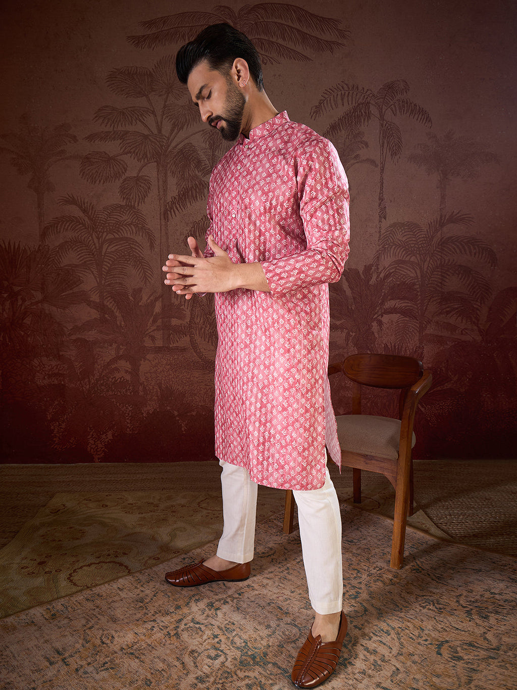 Men Pink Silk Blend Ethnic Motifs Printed Straight Kurta With Trouser-MKSET1938