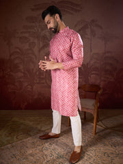 Men Pink Silk Blend Ethnic Motifs Printed Straight Kurta With Trouser-MKSET1938