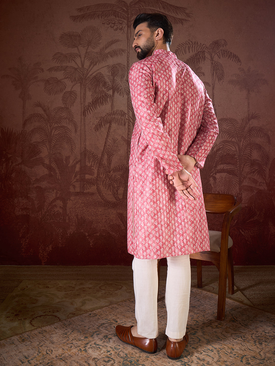 Men Pink Silk Blend Ethnic Motifs Printed Straight Kurta With Trouser-MKSET1938