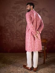 Men Pink Silk Blend Ethnic Motifs Printed Straight Kurta With Trouser-MKSET1938