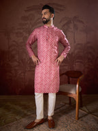 Men Pink Silk Blend Ethnic Motifs Printed Straight Kurta With Trouser-MKSET1938