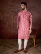 Men Pink Silk Blend Ethnic Motifs Printed Straight Kurta With Trouser-MKSET1938