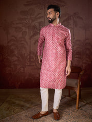 Men Pink Silk Blend Ethnic Motifs Printed Straight Kurta With Trouser-MKSET1938