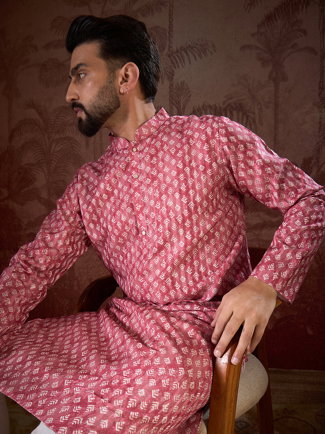 Men Pink Silk Blend Ethnic Motifs Printed Straight Kurta With Trouser-MKSET1938
