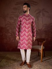 Men Magenta Silk Blend Chevron Printed Straight Kurta With Trouser-MKSET1940