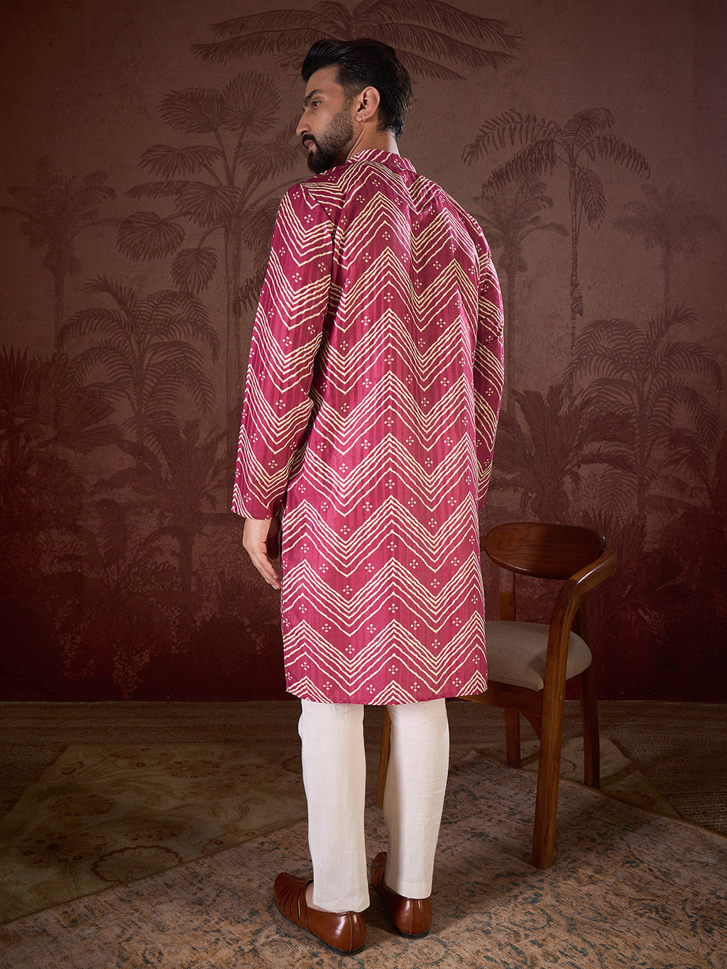 Men Magenta Silk Blend Chevron Printed Straight Kurta With Trouser-MKSET1940